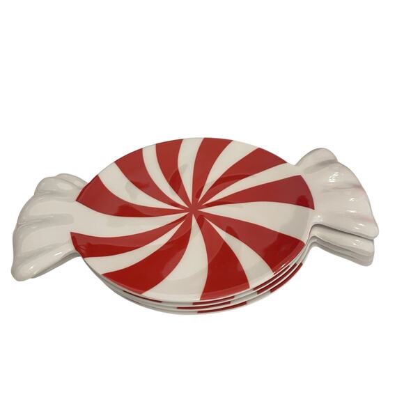 Peppermint Candy Shaped Christmas Melamine Appetizer Plate Set 4 Red White New - Picture 8 of 13